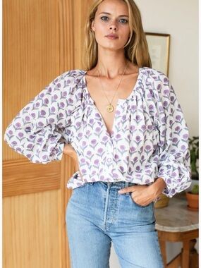 Emerson Fry India Collection Frances Blouse in White & Purple Size Small Like